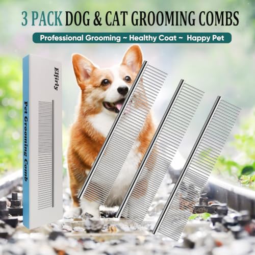 Dog Comb for Grooming, Metal Pet Comb for Cats & Dogs | 3-Pack Stainless Steel Dog Comb for Matted Hair, Grooming Tool for Removing Knots for Long & Short Haired Pet - 7.4 IN