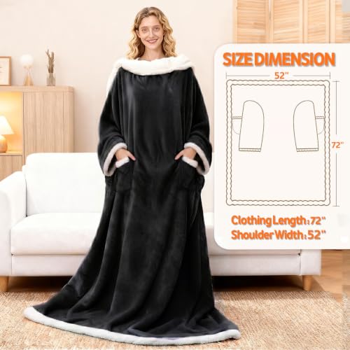 Wearable Heated Blanket With Sleeves & Foot Pocket, Heated Throw Blankets Fast Heating Blanket With 10 Heat Settings Auto Shut Off Over-Heat Protection-Warm Gift, Machine Washable, 52”*72”+18” - color: Black