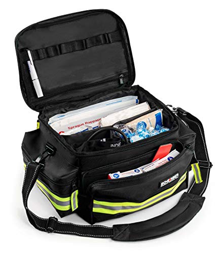 Scherber First Responder Fully-Stocked Professional Essentials EMT/EMS Trauma Kit | HSA/FSA Approved | Reflective Bag w/8 Zippered Pockets & Compartments & 200+ First Aid Supplies - Black - color: Black