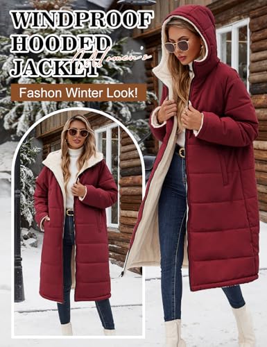 Women Winter Coats Fleece Long Coats Jackets Oversized Warm Down Jacket with Hood - color: Burgundy, size: Large