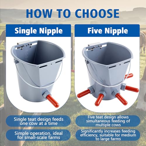 Sawysine 3 Pcs 8.45 Quart Calf Nursing Bucket, Five Teats Feeder with Metal Hanger, Hanging Calf Pail with Nipple Livestock Feeder for Over The Fence, Stall, Barn, Cowshed/Cattle Housing - color: Five Teats
