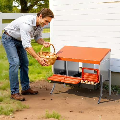 VEVOR Chicken Nesting Boxes, 3 Compartments, with Support Legs, Easy Egg Collection, Galvanized Steel and High-Strength Plastic, Roll Away Nesting Boxes for Chickens and Hens Laying Eggs, Orange