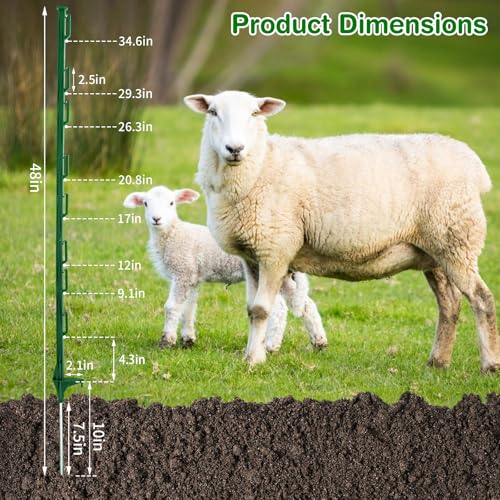 25Pack,48 Inch Heavy Duty Electrical Fence Post - UV Resistant Plastic Fence Posts for Livestock, Garden & Pasture, Easy Installation No Dig (Green) - color: Green