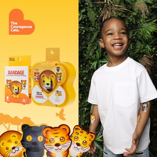 BioSwiss Bandages, Courageous Cats Shaped Self Adhesive Bandage Set, Latex Free, Sterile Wound Care, 50 Count - size: 50-Count Case, style: Jungle Cats
