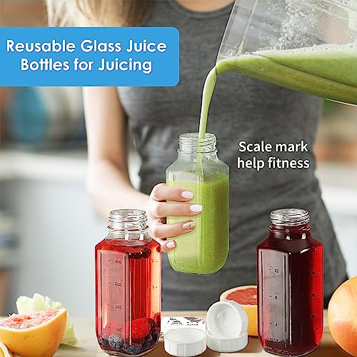 Syntic 8 Pack 16 Oz Glass Milk Bottles with Lids,2 Pour Spouts & Extra Lids | Reusable Glass Bottles with Measurement Marks for Juice,Breast Milk,Beverage Storage,Refrigerator Organization & Daily Use