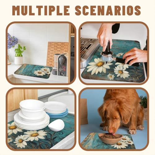 Rustic Barn Flower Dish Drying Mat for Kitchen Counter 2 Pack Fall Daisy Teal Turquoise Brown Absorbent Draining Pad, Coffee Bar Mat Accessories Fit, Quick Dry Mat Non-slip 12"L x 20"W