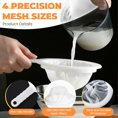 4 Pack Fine Mesh Strainer Set, 100/200/300/400 Ultra Fine Mesh Sieve Small Kitchen Filter Colander with Handle for Soy/Nut Milk, Juice, Yogurt, Coffee, Kefir, Liquids
