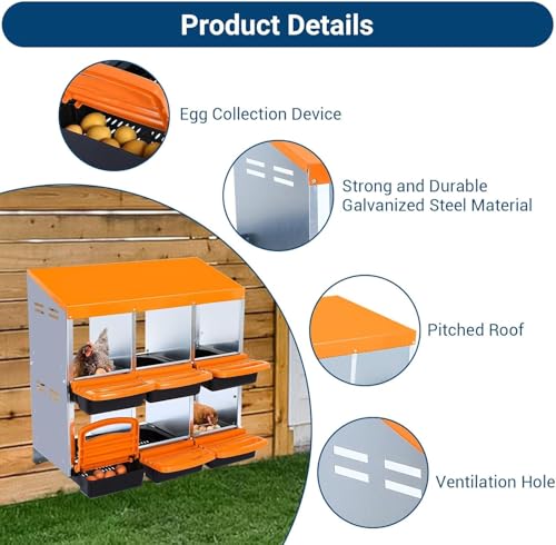 Chicken Nesting Box, 6 Hole 2 Layer Hen Nest Boxes, Roll-Away Egg Collection System with Ventilation Holes，Rustproof Plastic Tray & Keyhole Mounting, Chicken Laying Box - color: Orange, size: 6 holes
