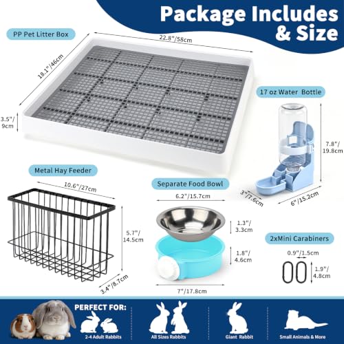 FHTONGE 4 in 1 Ultra Large Rabbit Litter Box with Feeder Combo Set for Cage | Metal Hay Rack, Water Bottle, Food Bowl, Low Entry Trainer Tray, Bunny Toilet and Feeder for Small Animal Rodent Ferret Rat - size: 22x18x3"(58x46x9cm)