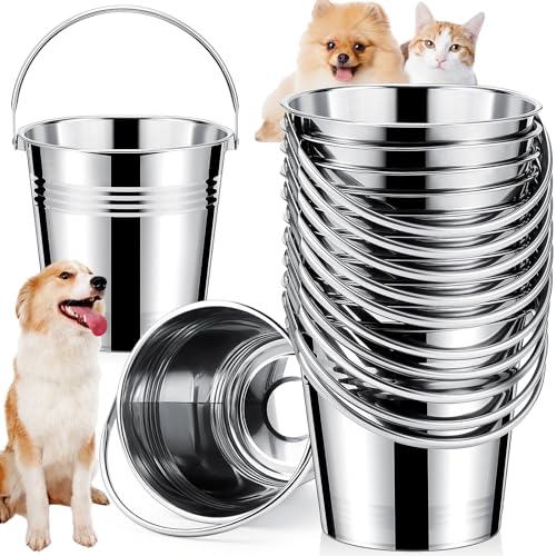 Hicarer 10 Pcs Dog Stainless Steel Bucket Heavy Duty Water Bucket for Dogs Metal Bucket with Handle Small Metal Pail for Pet Cat Puppy Food and Water Storage Milking Goats Small Animals (6.3 Quart)
