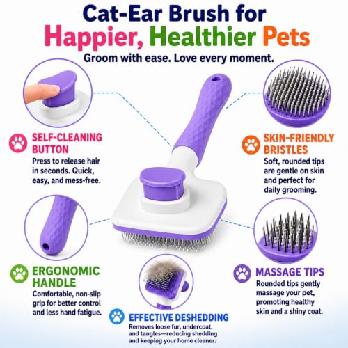 Pet Grooming Brush for Cats & Dogs, Self-Cleaning Undercoat Deshedding & Massage Tool, Purple - color: Purple