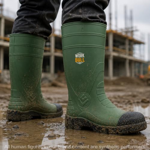 Men's Steel Toe Rain Boots, Waterproof Knee High Work Boots | Slip & oil resistant outsole for construction, farm and industrial work. - color: Green, size: 7