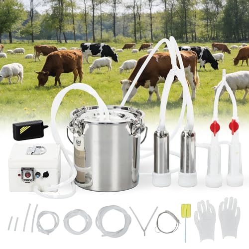 12L Electric Milking Machine for Cows & Goats – Portable Automatic Pulsation Milker – Stainless Steel Bucket – 4 Safe-Grade Silicone Teat Cups – Rechargeable 12V 8000mAh Battery - size: 12L