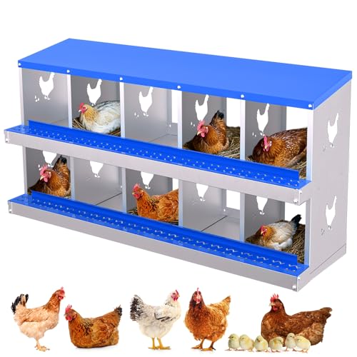 TrailBlaze Durable Galvanized Metal Chicken Nesting Box - 10 Compartments, Roll Away Egg System with Perch & Lid, Rustproof, Ventilated, Easy Install - Blue, 10 Compartments, Without Bracket - color: Blue, size: 10 Holes