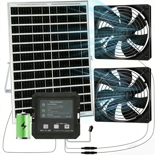 25W Solar Fan for Chicken Coop with Battery and 2000mAh Battery, 3 Smart Modes, 4.7" Dual Fans, Solar Shed Fan & Solar Exhaust Fan for Greenhouse, Dog House, Attic & Outdoor Cooling
