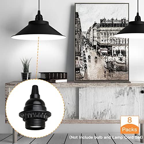 8 Pack E26 E27 Light Sockets, Black Threaded Keyless Lamp Socket | Medium Screw Base Lamp socket Replacement with Shade Ring, Retro Style E26 DIY Light Bulb Sockets Cover Pendant Lamps Holder