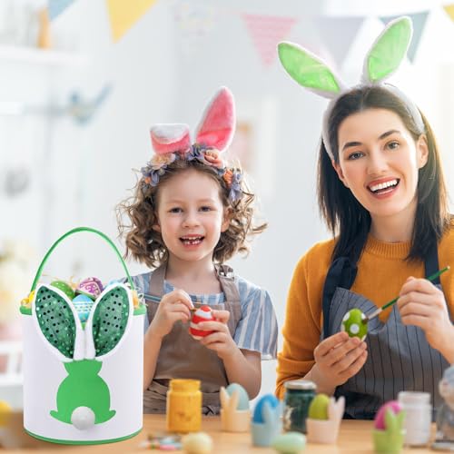 Honeydak 4 Pcs Lighted Easter Baskets for Kids Bunny Easter Egg Hunt Bags Canvas Tote Gift Bags Egg Buckets with Handles for Eggs Hunt, Toys, Candy, Gifts Party Favors(Paillette Rabbit Ear) - style: Paillette Bunny Ear