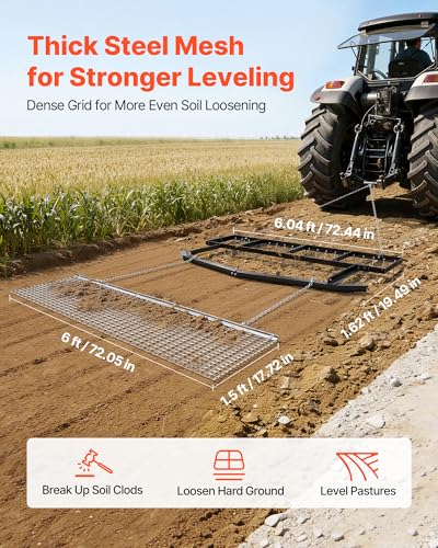 VEVOR Drag Harrow, 6 ft Tow-Behind Driveway Grader with Chain Harrow, Adjustable Width & 80lbs Load Capacity, Heavy Duty Lawn Leveling Rake, Fits ATVs UTVs Tractors, for Gravel Driveway Field - size: Set of (6x1.6ft + 6x1.5ft)