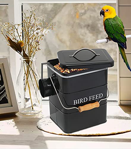Morezi Bird Seed Storage Container Metal, 6 Lbs Airtight Bird Food Tin | Outdor Wild Bird Seed Container Canister w/ Scoop/Wooden Handle, Sturdy and Squirrel-proof, Keep Sunflower Seed Fresh-Black - color: Black