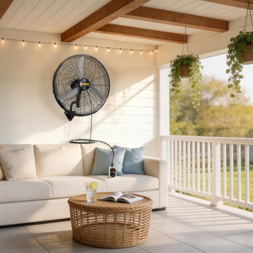 ROVSUN 26" Industrial Wall Fan with Remote Controller & BLDC Motor, High Velocity Wall-mounted Outdoor Fan with 4-Speed and Long Wired Remote, Oscillating Wall Mount Fan for Warehouse, Patio, 2-Pack - size: 26''(2-pack)