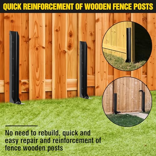 LADECH Heavy Duty Steel Fence Post Repair Stakes with Ground Anchor Screw in, Fix Anchors Ground Spike for Fence Posts, Repair Tilted/Broken Wood Posts (Black - 4 Pcs)