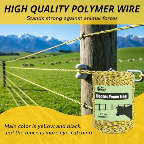 RIOOP Electric Fence Wire Polywire 1312 Feet/400 Meters | Portable Livestock Fencing, 6 Stainless Steel Strands for Reliable Conductivity, Rust Resistance, UV Resistant - size: 1312 Feet/400 Meters