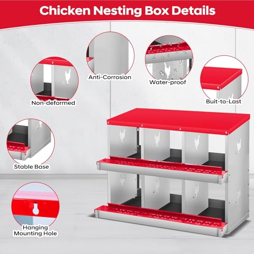 6-Compartment Chicken Nesting Box, Heavy Duty Galvanized Steel Poultry Nest Box, Wall Mount/Freestanding Design for Hens, Ducks, Backyard Homesteads & Farm Use, Red, 10 Mats &4 Eggs, No Stand - color: Red, size: 6 Room&Mat eggs