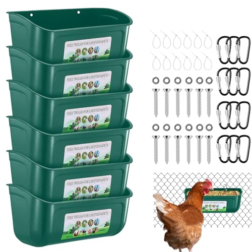 Chicken Feeder Waterer, 6 Pack Duck Feeder Supplies, Hanging Fence Feed Trough with Clips for Goat, Sheeple, Piglet, Gooses, Turkeys, Dog Livestock Poultry,Green - color: 6 pack Green