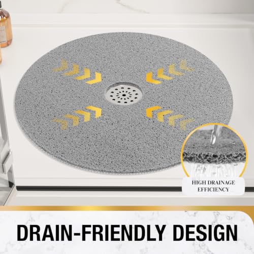 HITSLAM Non Slip Shower Mat, 27 Inch Diameter Large Round Shower Foot Scrubber Mat with Drain Hole in Middle,Soft PVC Loofah and Quick Drying Shower Floor Mat for Standing Shower Stall, Grey - color: Grey, size: 27" (Round)