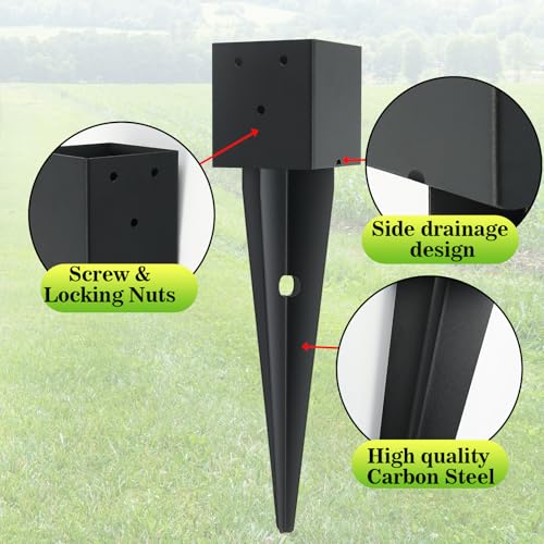 4 Pcs 4 "x 4 "Fence Post Anchor Ground Spike 16"(Fit 3.6 ” X 3.6”) | Heavy Duty Carbon Steel Fence Stakes Post Base With Black Powder Coated For Mailboxes|Fence|Trellis Posts|Banner