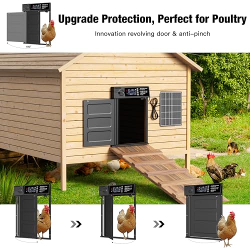 Automatic Chicken Coop Door, Large Size Solar Powered Coop Door | Opening in Emergency, Anti-Pinch, Timer & Light Sensor, Aluminum Waterproof Auto Chicken Door, with 7W Solar Panel