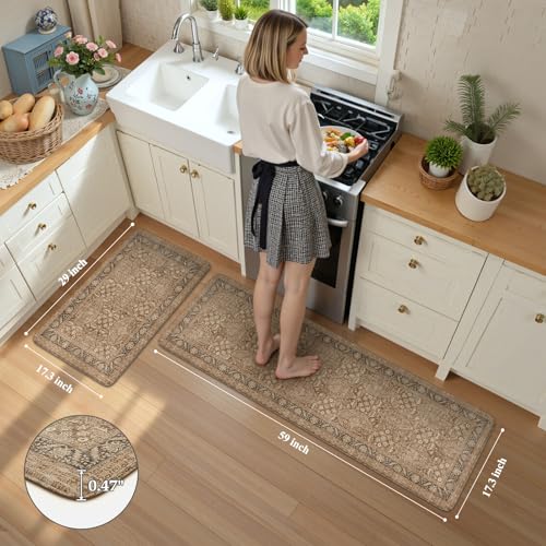 KIMODE Farmhouse Anti Fatigue Kitchen Mat, Brown Boho Vintage Kitchen Rugs | 17"x59"+17"x29" Waterproof Kitchen Floor Mats Non Slip, Comfort Foam Standing Mat for Sink, Laundry, Office, Desk, Dormitory - color: Brown/Multi, size: 17.3" x 59"+17.3" x 29"--
