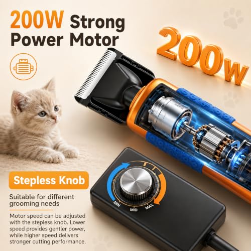 Dog Clippers for Grooming Thick Hair, 200W Sheep Shears, Pet Clipper Kit | Corded Dog Hair Trimmer with Spare Blade, Stepless 2000-6600 RPM, 10ft Cable, Low Noise, for Dogs, Sheep, Goats and Alpacas - size: 10 feet