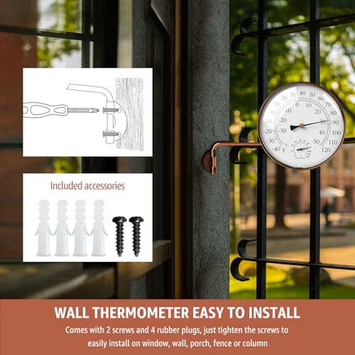 6" Brass Analog Outdoor Thermometer & Humidity Gauge, Vintage Decor | Easy Install, Battery-Free, Window Readable for Patio Garden Garage Greenhouse - color: 6 INCH