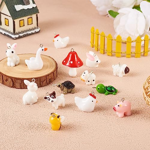 Beadthoven 48pcs 12 style Animals Resin Charm Pendants 3D Mini Mushroom Pig Bee Turtle Cow Sheep Chicken Goose Dog Rabbit Farm Dangle Charm Beads for DIY Earring Necklace Keychain Jewelry Making - color: 0Mixed-12 Shape