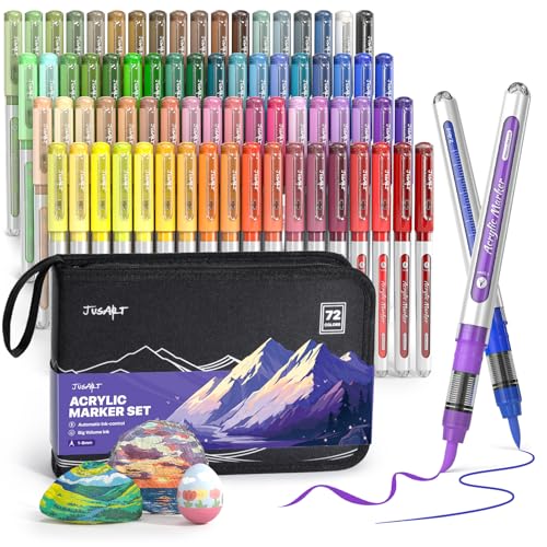 JusArt 72 Colors Acrylic Paint Markers Brush Tip, Automatic Ink Control | Water-Based Paint Pens with Canvas Bag, Waterproof Markers DIY Art & Crafts -Fabric, Rock, Wood, Glass, School Classroom Use - color: 72 Colors