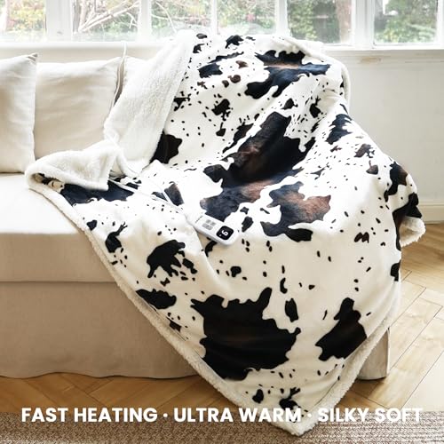 Heated Blanket Throw Blanket - Fast Heating Electric Blanket, Soft Heated Throw with 4 Time Settings,10 Heating Settings, Warm Gifts for Women Mom Grandma(50" x 60" Cow Print White) - color: 01 - Black Ombre-white, size: Throw 50" x 60"
