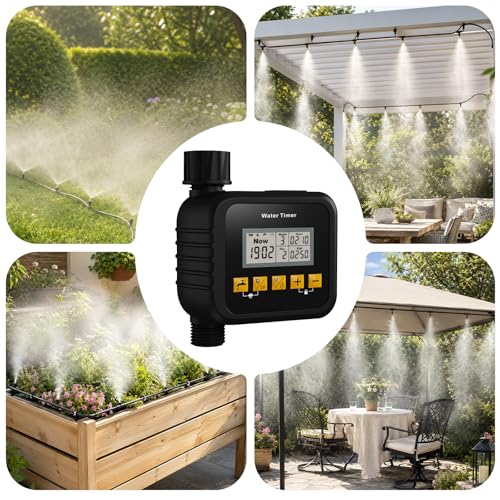 Misters for Outside Patio with Timer, Misting Cooling System with 33FT Hose and 8 Brass Nozzles, 9 Modes, 3/4” NPT Faucet Adapter, Automatic Misters for Chicken Coop Backyard Garden Porch Gazebos