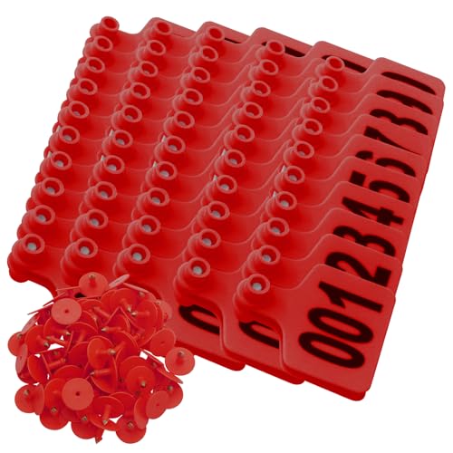 100PCS Cattle Ear Tags Numbered 001-100,Plastic Livestock Ear Tags with Animal Identification Tags for Cattle Cows Hogs Pigs Sheep Goats (RED) - color: RED