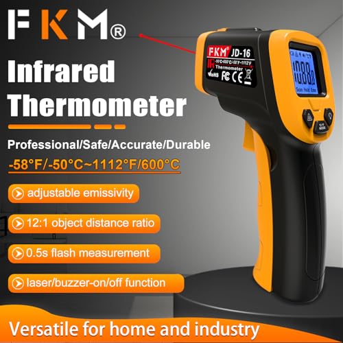 FKM Infrared Thermometer Gun Non-Contact Laser Temperature Gun-58°F~1112°F | Adjustable Emissivity,Digital IR Thermometer Gun for Industrial,HVAC,Automotive,Cooking,Griddle,Pizza Oven,BBQ,Not for Human - color: Black Yellow