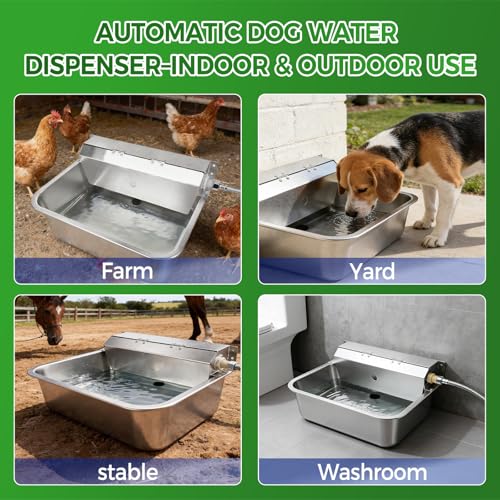 Automatic Dog Water Dispenser with Drain Hole, 304 Stainless Steel Auto Water Dog Bowl with Float Valve, Hose Quick Connect Fitting, Automatic Livestock Waterer for Horse, Chicken (4 Gallons) - size: 4 Gallons