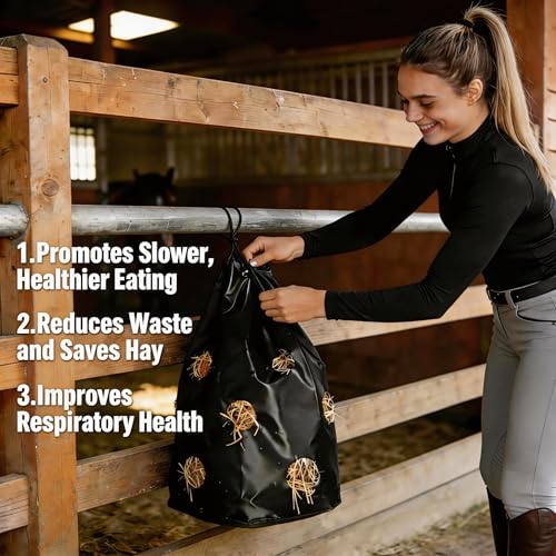 Hay Bag for Horses, Rugged Slow Feed Hay Bags for Goats,Sheep,Donkey,Cows, Alpacas and Ostriches, Premium PVC Waterproof Horse Feeder with 9 Holes,Tear-Resistant, Easy to Fill, Large Opening