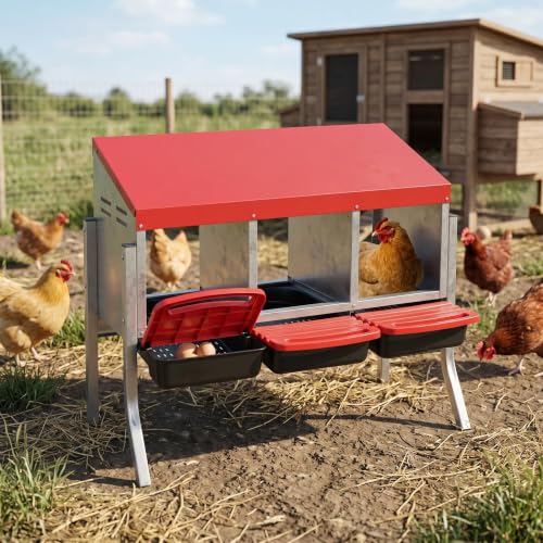 Garvee 3-Hole Roll Away Egg Collection Chicken Nesting Box | Galvanized Steel Nest Box with legs for Laying Eggs - color: Red, size: 3 holes with legs