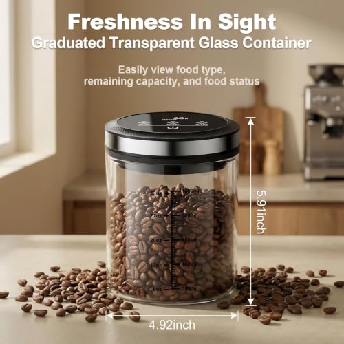 Vacuum Coffee Canister, One-touch Operation with Display, Standby Time Over 4500H, Vacuum Coffee Canister Suitable for Grain/Sugar/Tea Leaves/Flour, 1.2L Capacity with Large Feed Opening - size: 1.2L