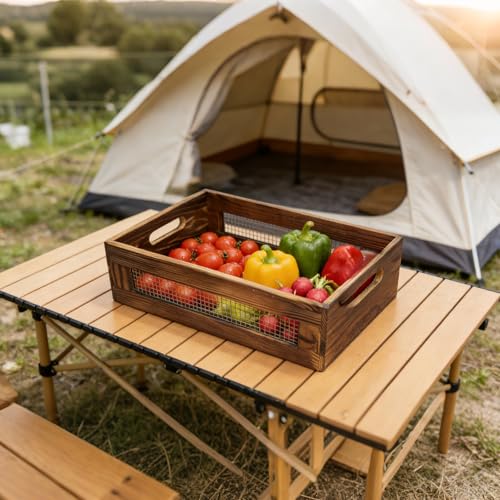 Set of 3 Wooden Crate For Kitchen Counter, Small Wood Storage Basket | Rustic Nesting Wood Organizer Box, Decorative Crates for Display, Pantry Countertop, Fruit, Vegetable, Include 3 Fabric Mats