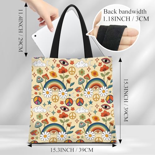 Canvas Tote Bag for Women，Cute Heavy-Duty Shoulder Bag with Zipper Pocket -Travel Tote for Grocery, Gym,Shopping - color: Mushroom Rainbow Flower