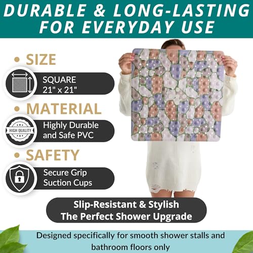 ENKOSI Square Shower Mat 21x21 inch - Anti Slip Shower Stall Floor Mat - Non Slip Shower Mats with Strong Secure Suction Cups and Drain Holes in Middle (21x21 Stone Path) - color: Stone Path