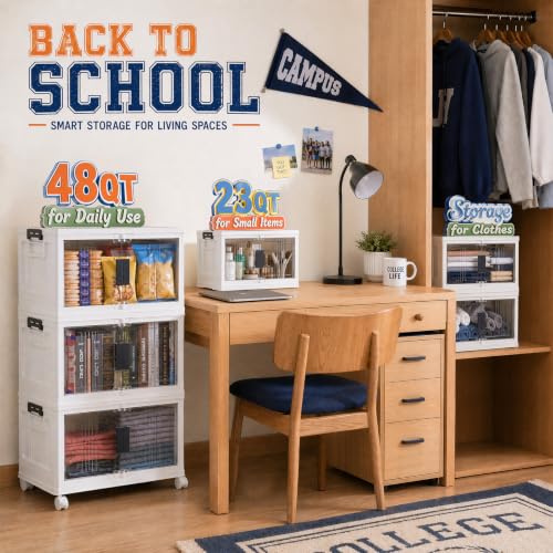 OlarHike 23QT Storage Bins with Lids for Closet, Office, Dorm, 3 Pack | Multi-Lid, Lockable Cabinet, Doors & Wheels, School, Bathroom, Foldable Containers, Stackable Organizers, Plastic Drawers - size: 23QT-White