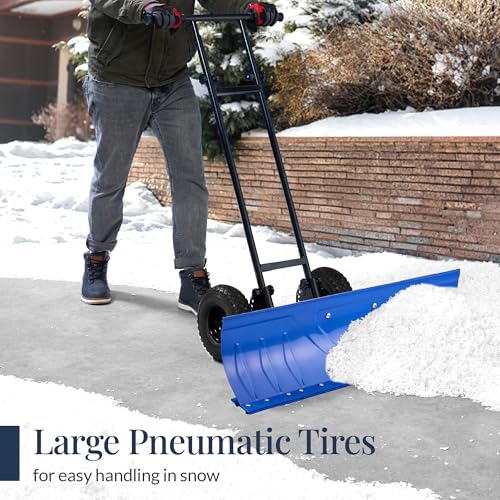 Best Choice Products 36in Galvanized Blade Heavy-Duty 2-Wheel Snow Pusher Hand Plow for Snow Removal w/Wheels, Adjustable Handle, Blade Angle - Blue - color: Blue, size: 36in w/Wheels