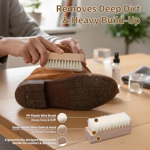 4-Piece Suede Brush Set with Erasers - Wooden Handle Shoe Cleaning Kit Includes PP Brush, Nubuck & Suede Erasers for Shoes, Boots, Bags & Jackets